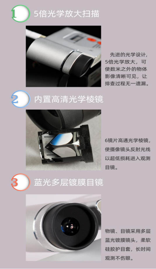 1、電磁波探測模式
探測器自帶射頻（ RF）探測天線(xiàn)、當探測到目標設備所發(fā)射的電磁波信號時(shí)候，設備面板信號強度指示燈將會(huì )對信號強度進(jìn)行指示，同時(shí)內置蜂鳴器將進(jìn)行聲音提示。通過(guò)頂部的旋鈕可以調節探測器的射頻信號探測靈敏度，開(kāi)機默認靈敏度最低，繼續順時(shí)針旋轉可增加靈敏度，當射頻電平指示燈第一個(gè)信號燈點(diǎn)亮的時(shí)候靈敏度處于最高狀態(tài)，探測定位器/竊聽(tīng)器一般使用中等靈敏度即可，探測wiFi攝像機需要使用較高靈敏度去探測。
2、光學(xué)鏡頭探測模式
首先打開(kāi)探測器電源，然后按下面板SCAN按鍵，探測器的光束發(fā)射器將發(fā)射特殊波長(cháng)和頻率的光束，使用者手持探測儀，眼睛靠近目鏡進(jìn)行觀(guān)測，當發(fā)射器所發(fā)射的光束照射到被探攝像機的光學(xué)鏡頭時(shí)，由于攝像機光學(xué)鏡頭物鏡的第一片基本都是采用的凸透鏡，凸透鏡會(huì )對探測儀發(fā)射的入射光線(xiàn)進(jìn)行聚焦和反射，反射光線(xiàn)以180度角原路反射至光源發(fā)射點(diǎn)后面安裝的觀(guān)察目鏡當中，光線(xiàn)經(jīng)由物鏡進(jìn)入5倍光學(xué)放大，最終通過(guò)目鏡鏡片投射到觀(guān)察者的視網(wǎng)膜上進(jìn)行成像，觀(guān)察者通過(guò)目鏡將能清晰的看到被探攝像機的鏡頭呈1.6HZ頻率的光點(diǎn)閃爍，然后就可以進(jìn)一步對光點(diǎn)閃爍處進(jìn)行排查是否安裝有微型攝像機。
3、紅外線(xiàn)探測模式
短按面板按鍵speaker on/off鍵可以開(kāi)啟關(guān)閉探測報警提示音，長(cháng)按該鍵兩秒可以將設備由探測射頻模式切換到探測紅外線(xiàn)模式。
當設備處于探測紅外線(xiàn)模式時(shí)，探測器前面板激光指示器開(kāi)啟，面板前部紅外線(xiàn)探測傳感器處于接收狀態(tài)，使用者手持探測器對環(huán)境進(jìn)行探測掃描，當紅外線(xiàn)探測器探測到環(huán)境中有超過(guò)設定強度值的紅外線(xiàn)時(shí)，探測器將發(fā)出聲光報警提示，同時(shí)激光指示器將會(huì )指示紅外線(xiàn)發(fā)射源的具體安裝位置，使用者可以很方便的找到被探測目標設備。
